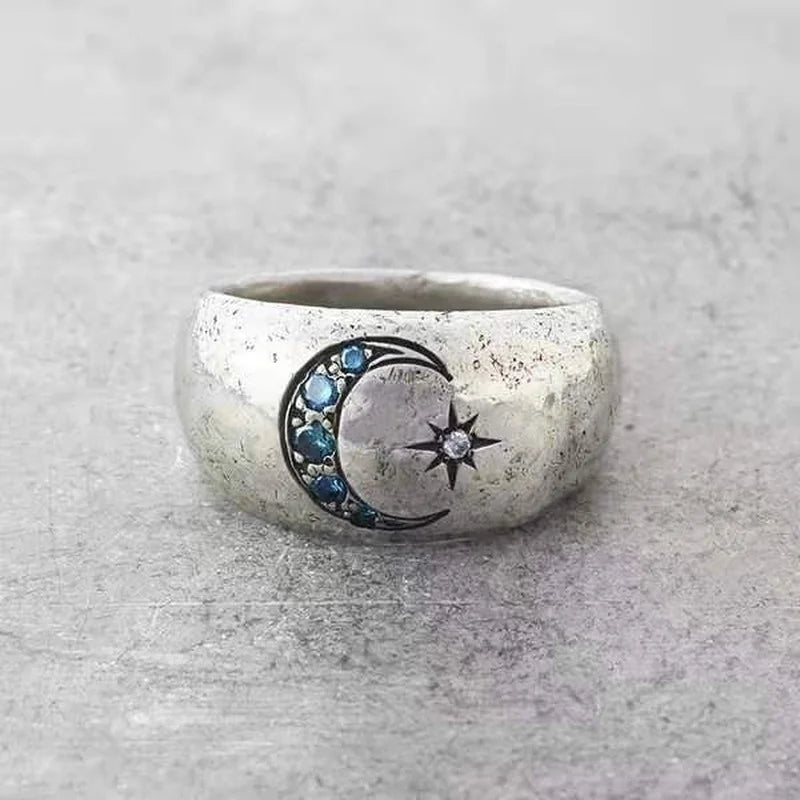 Sun Moon Ring, Vintage Silver Inlaid Aquamarine Stone Ring, Witchy Ring