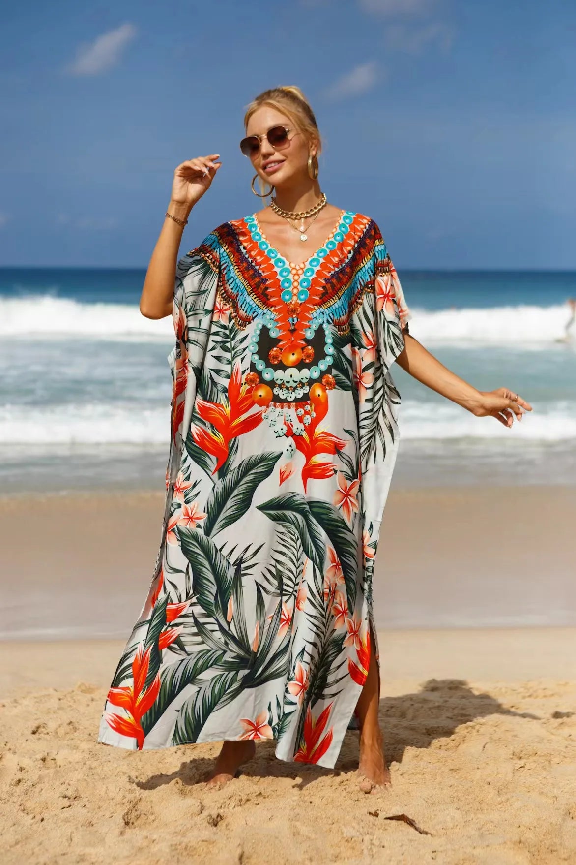 Kaftan Dresses Tropical Printed Cover Ups, Elegant Maxi Robe