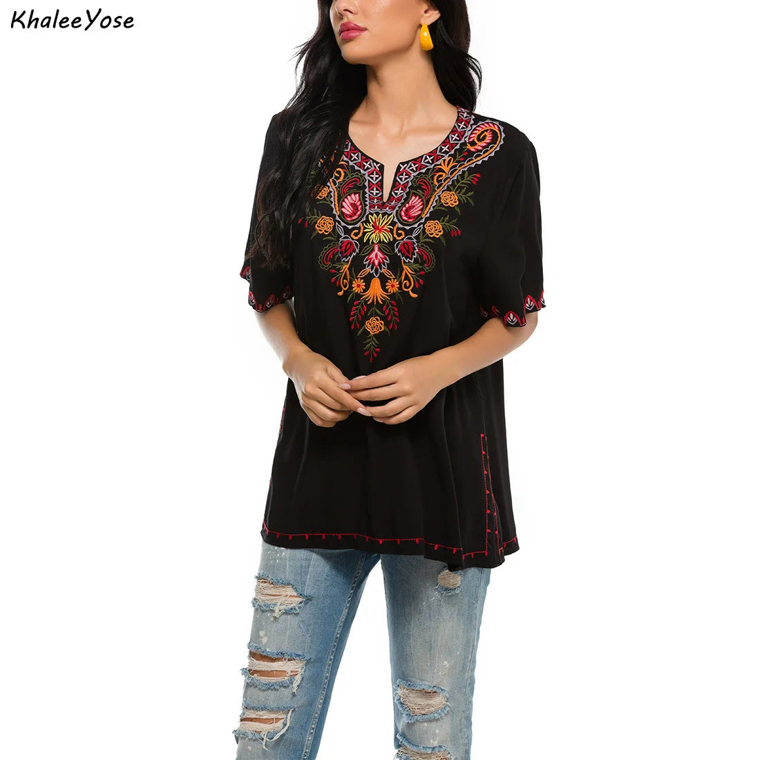 KHALEE YOSE Black Floral Embroidery Blouses Shirt Summer Boho Hippie Mexican Shirt Short Sleeve 23xl Ethnic Chic Shirt Women Top