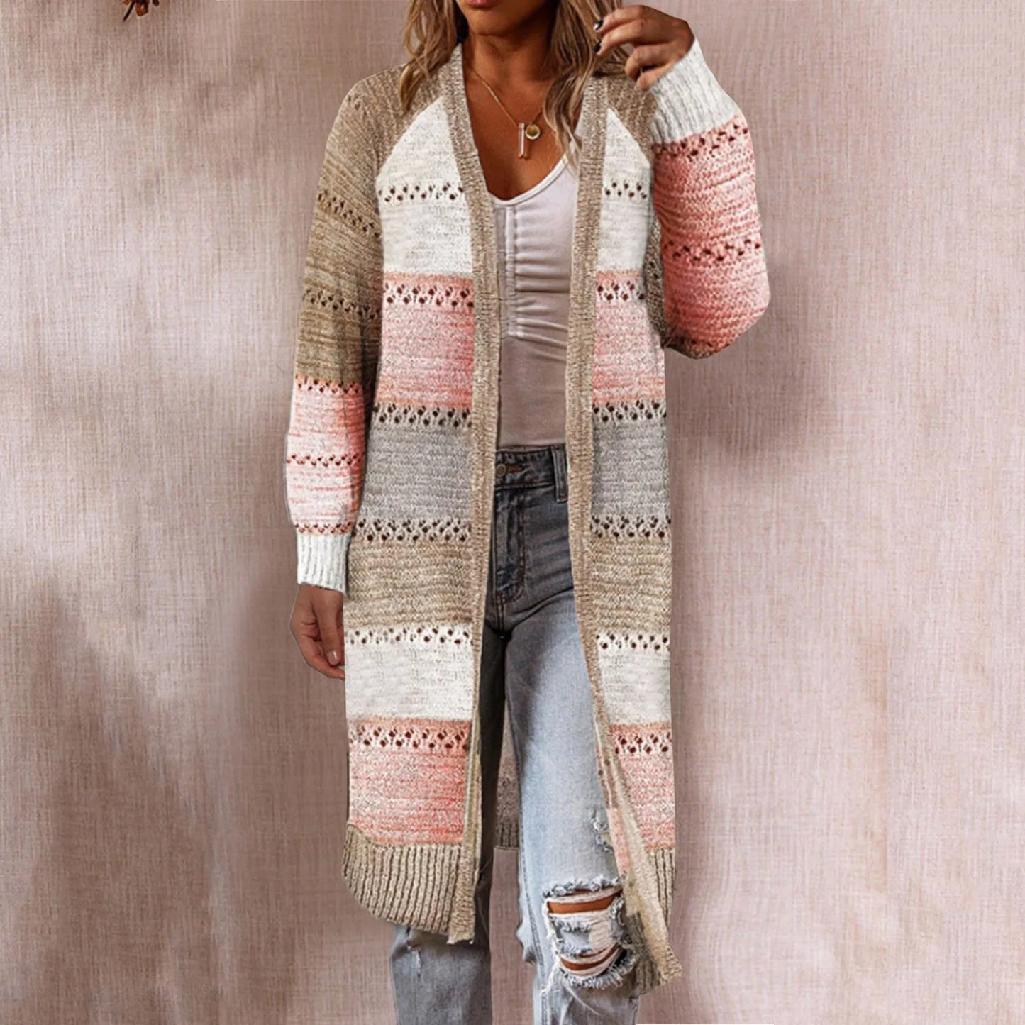 Retro Kintted Long Cardigan, Boho Cable Knit Cardigan Sweater