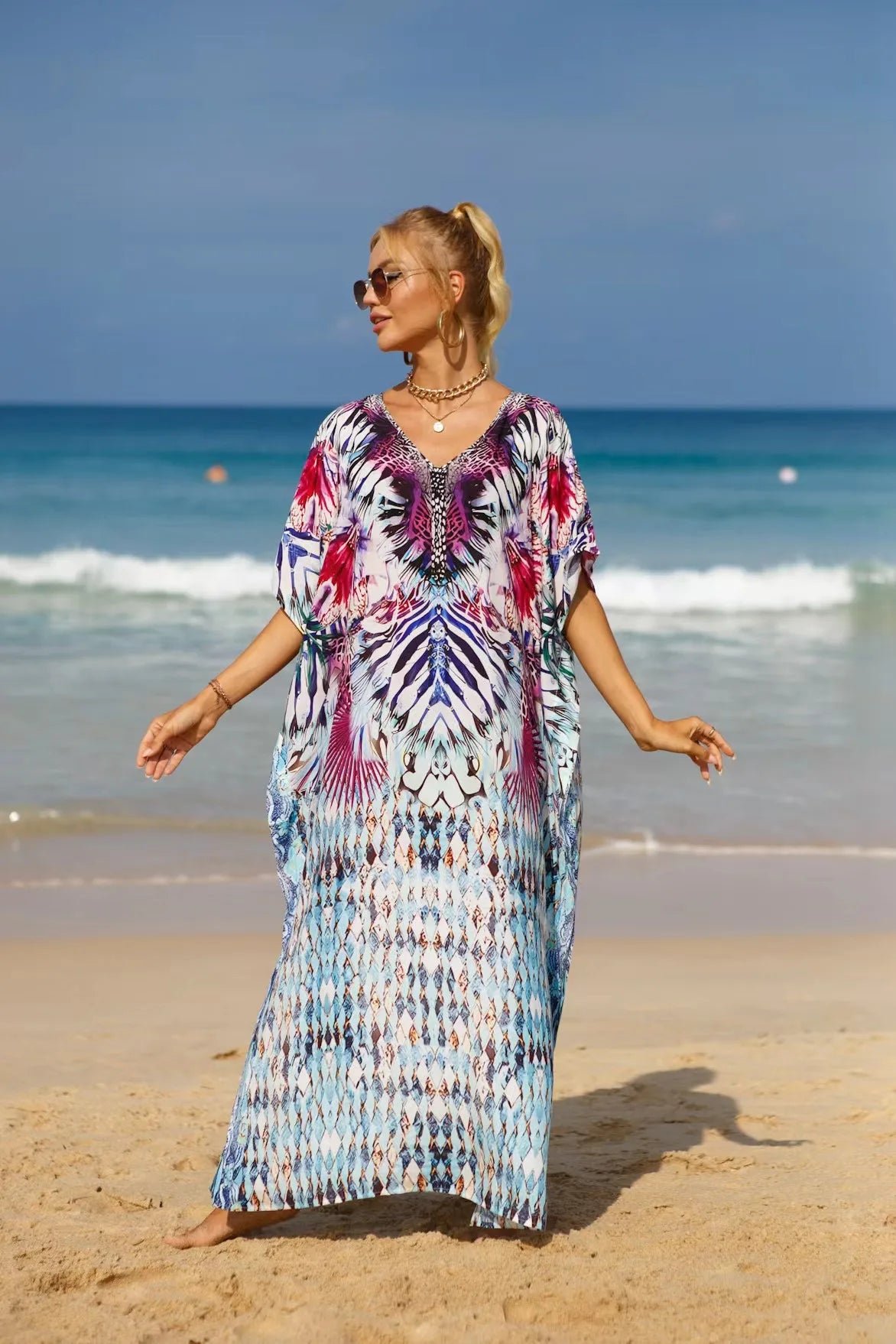 Kaftan Dresses Tropical Printed Cover Ups, Elegant Maxi Robe