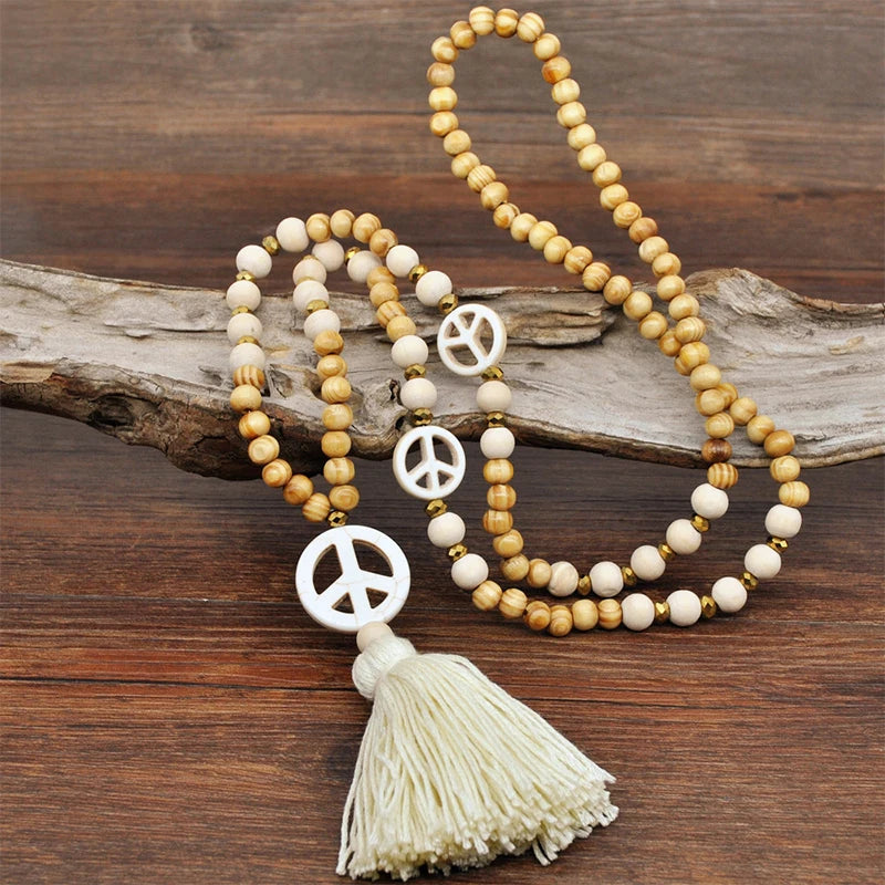 Boho Peace Pendant Necklace, Hippy Aesthetic Tassel Jewelry