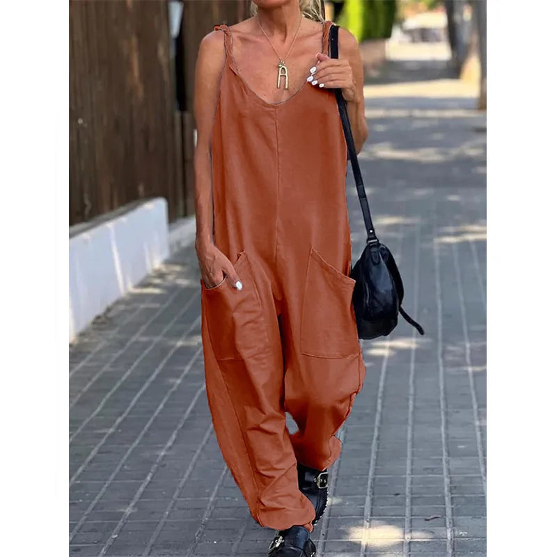 Women Loose Jumpsuits, Casual V Neck Backless Sleeveless Double Pocket Wide Leg Overalls&nbsp;