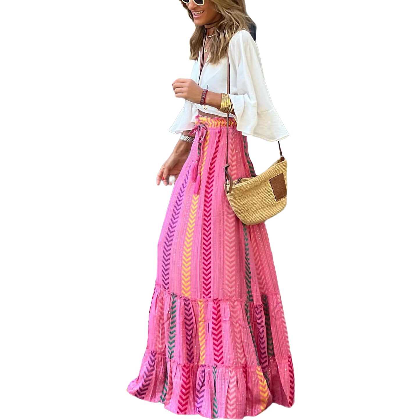 Women's Flowy Boho Skirt, Printed Ruffled Casual Skirt