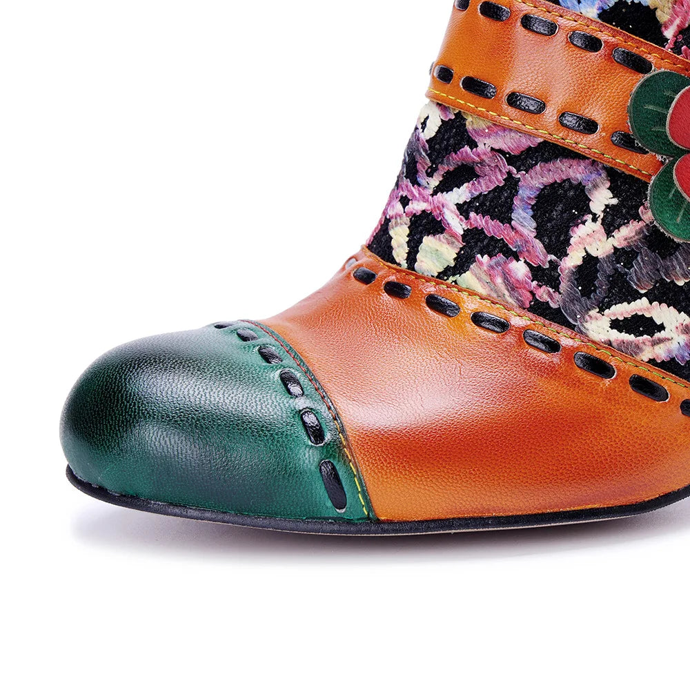 Johnature Autumn/Winter Colorful Floral Pumps, Genuine Leather