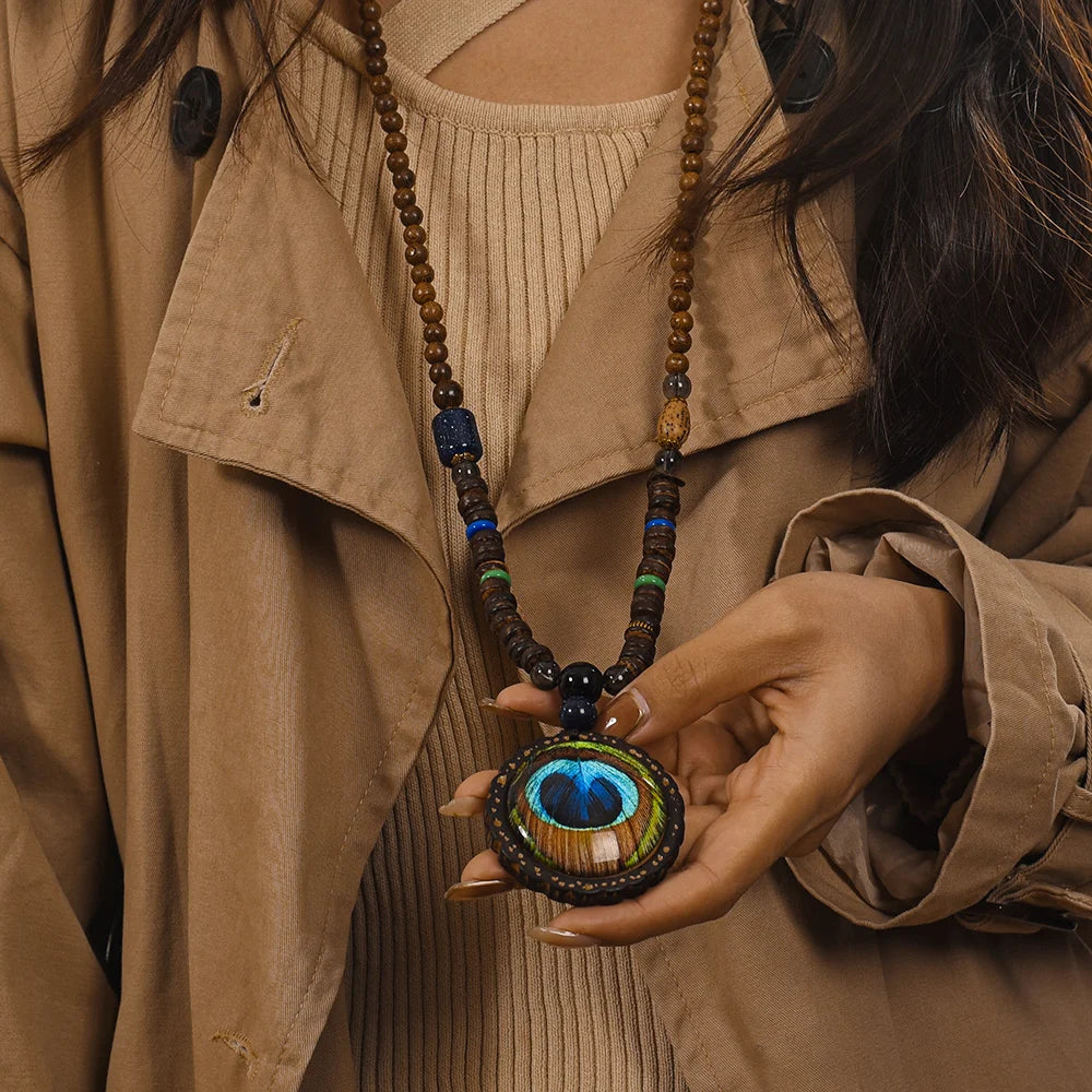 Ethnic Boho Wood Beads Necklace, Vintage Buddhist Mala Wooden Pendant