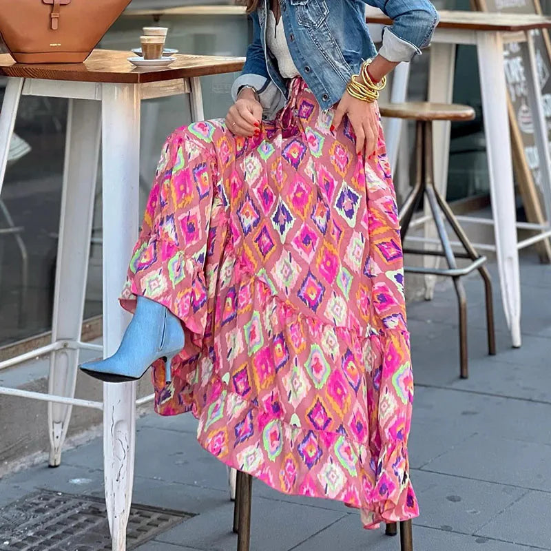 Women's Flowy Boho Skirt, Printed Ruffled Casual Skirt