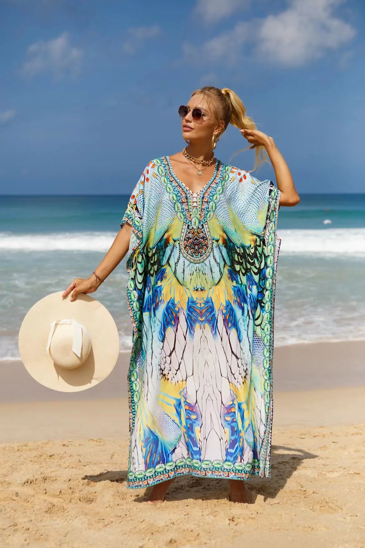 Kaftan Dresses Tropical Printed Cover Ups, Elegant Maxi Robe