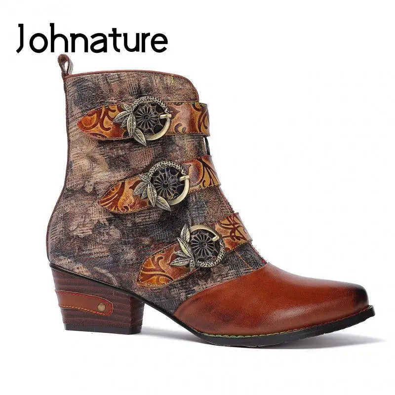 Johnature Embossed Strap Ankle Boots, Genuine Leather Patchwork Front Zip Pointed Toe