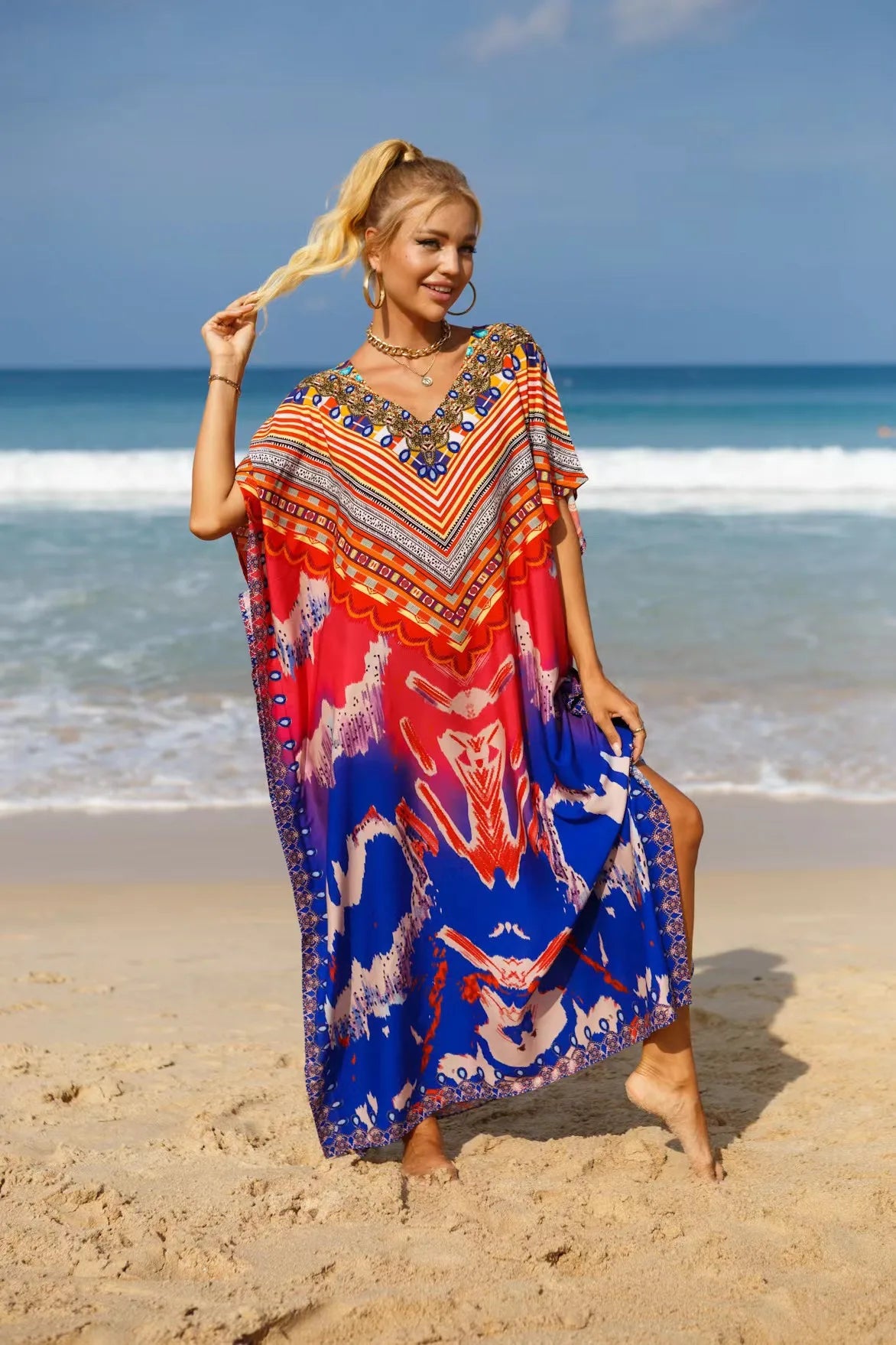 Kaftan Dresses Tropical Printed Cover Ups, Elegant Maxi Robe