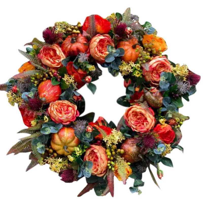 Peony Flower Fall Wreath, Front Door Wreath with Berry Pumpkin petal