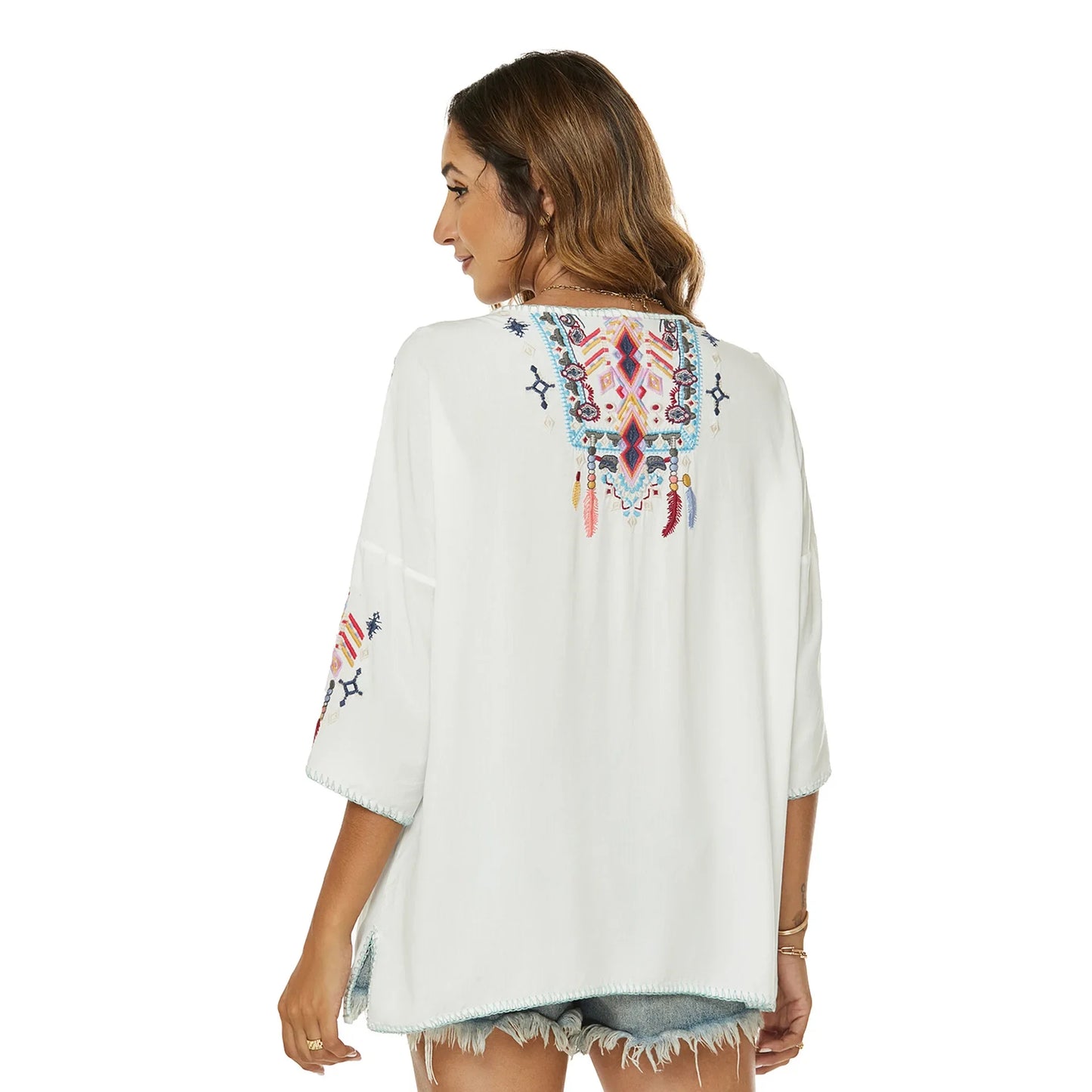 TEELYNN Boho Vintage White Ethnic Floral Embroidery Blouses Shirts Women Tops Casual V Neck Loose Blouse Summer Beach Blusas