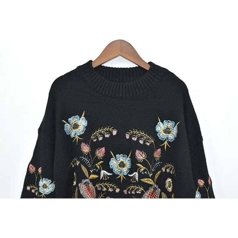 Floral Embroidered Pullover Sweater, Bohemian Long Sleeve Jumper