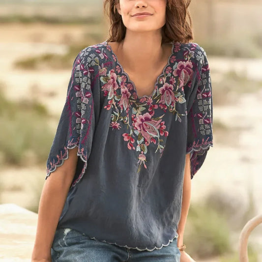 TEELYNN Boho Blouse Shirts Women V Neck Loose Casual Cotton Floral Embroidery Autumn Vintage Camisas Mujer Boho Ladies Tops