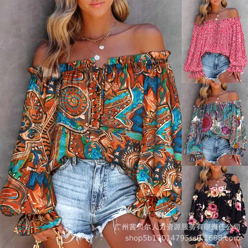 Floral Print Lace Shoulder Top, Boho Blouse, Casual Off shoulder top - The Witchy Gypsy