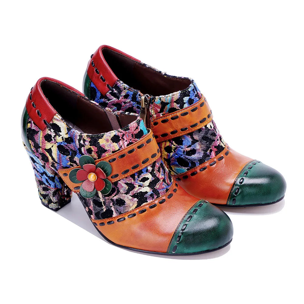 Johnature Autumn/Winter Colorful Floral Pumps, Genuine Leather