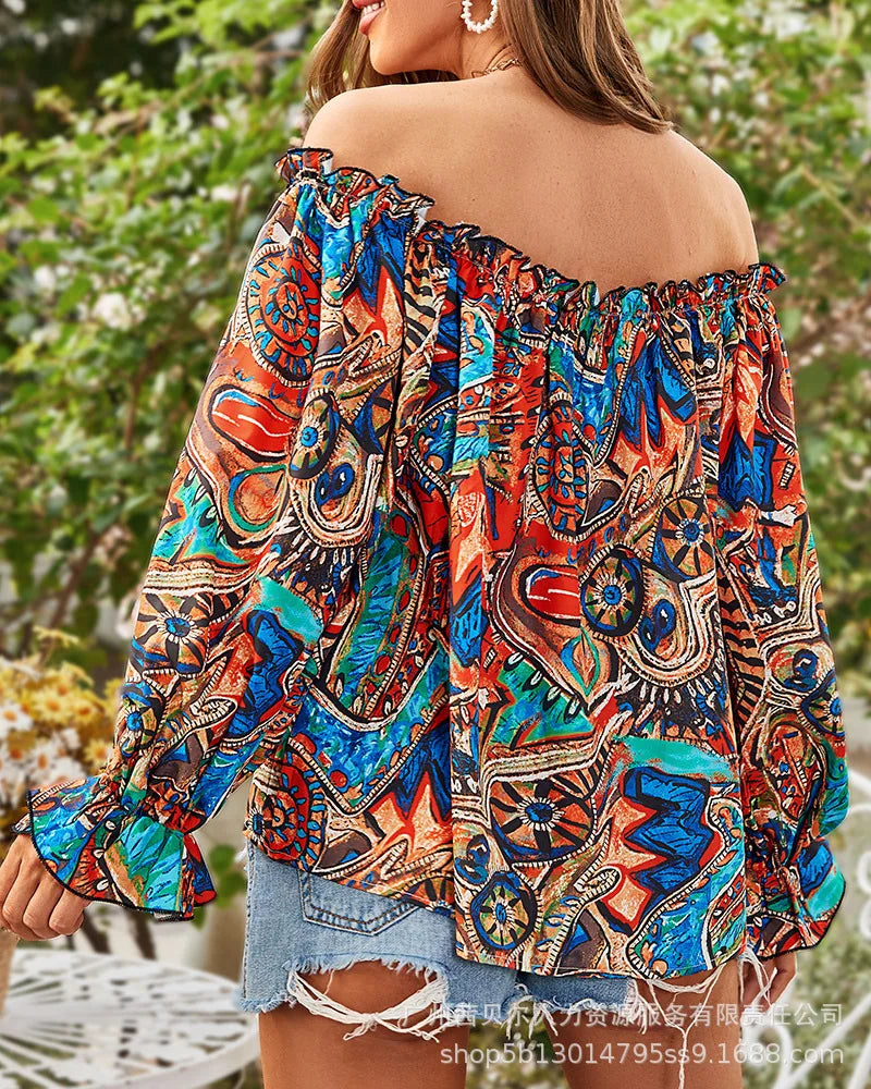 Floral Print Lace Shoulder Top, Boho Blouse, Casual Off shoulder top - The Witchy Gypsy