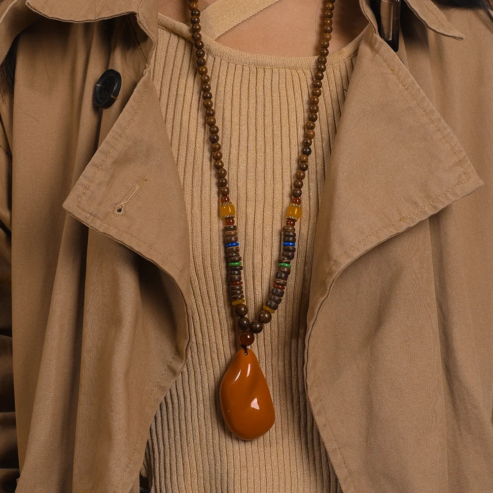 Ethnic Boho Wood Beads Necklace, Vintage Buddhist Mala Wooden Pendant