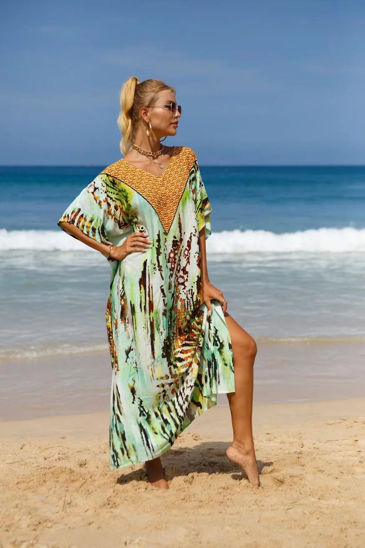 Kaftan Dresses Tropical Printed Cover Ups, Elegant Maxi Robe