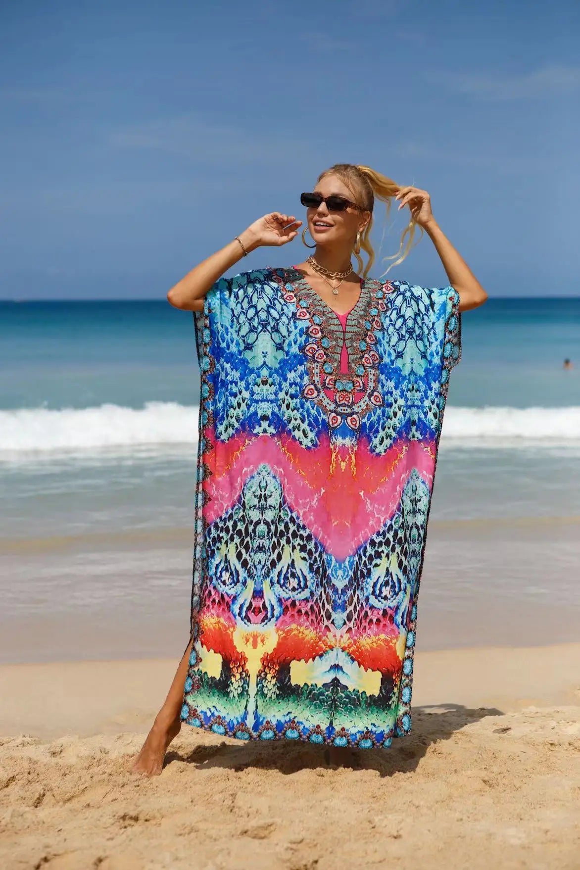 Kaftan Dresses Tropical Printed Cover Ups, Elegant Maxi Robe