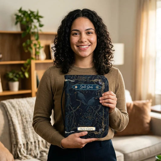 Woman holding a dark blue book with decorative cover in a cozy living room.