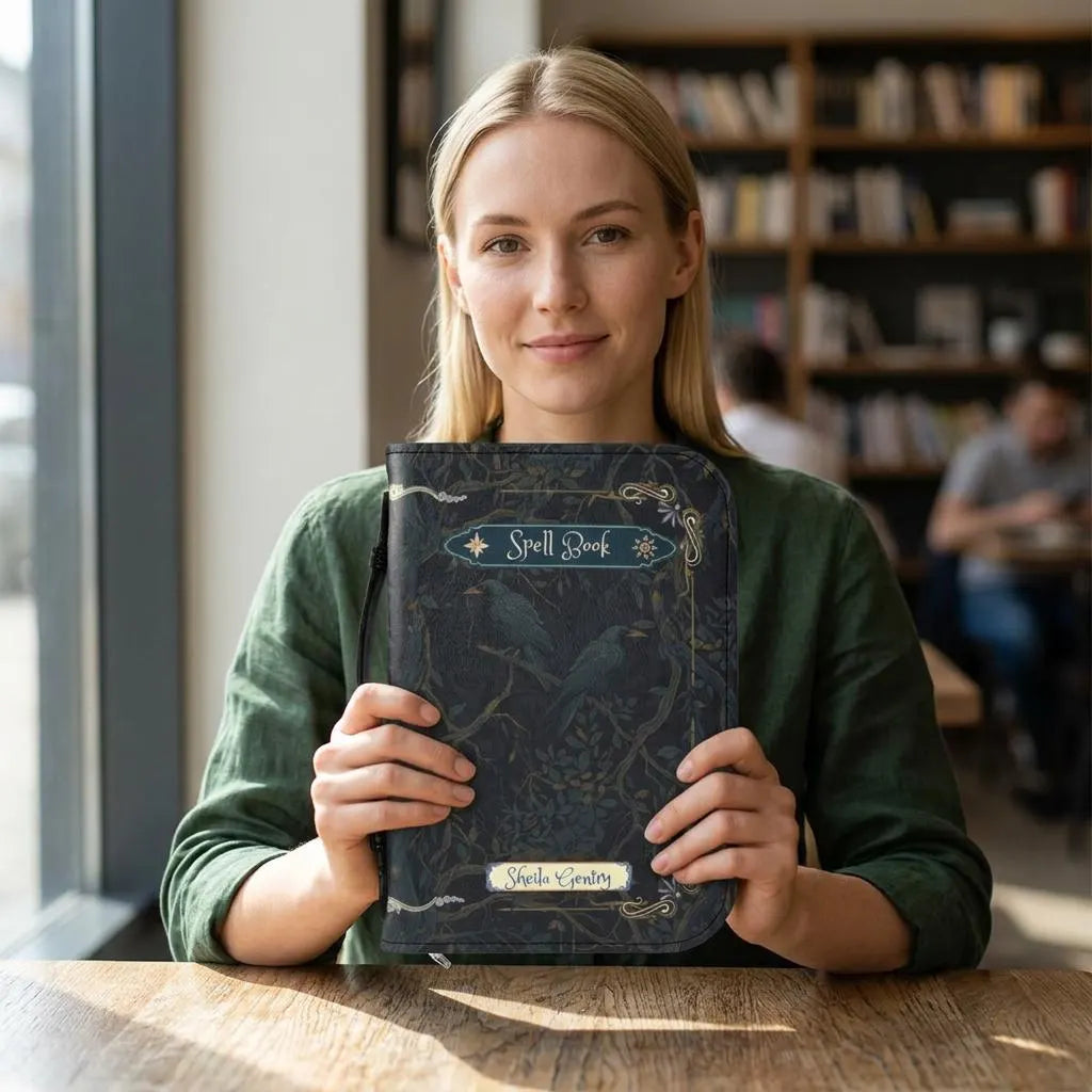 Woman holding a dark blue book titled 'Spell Book' in a library setting