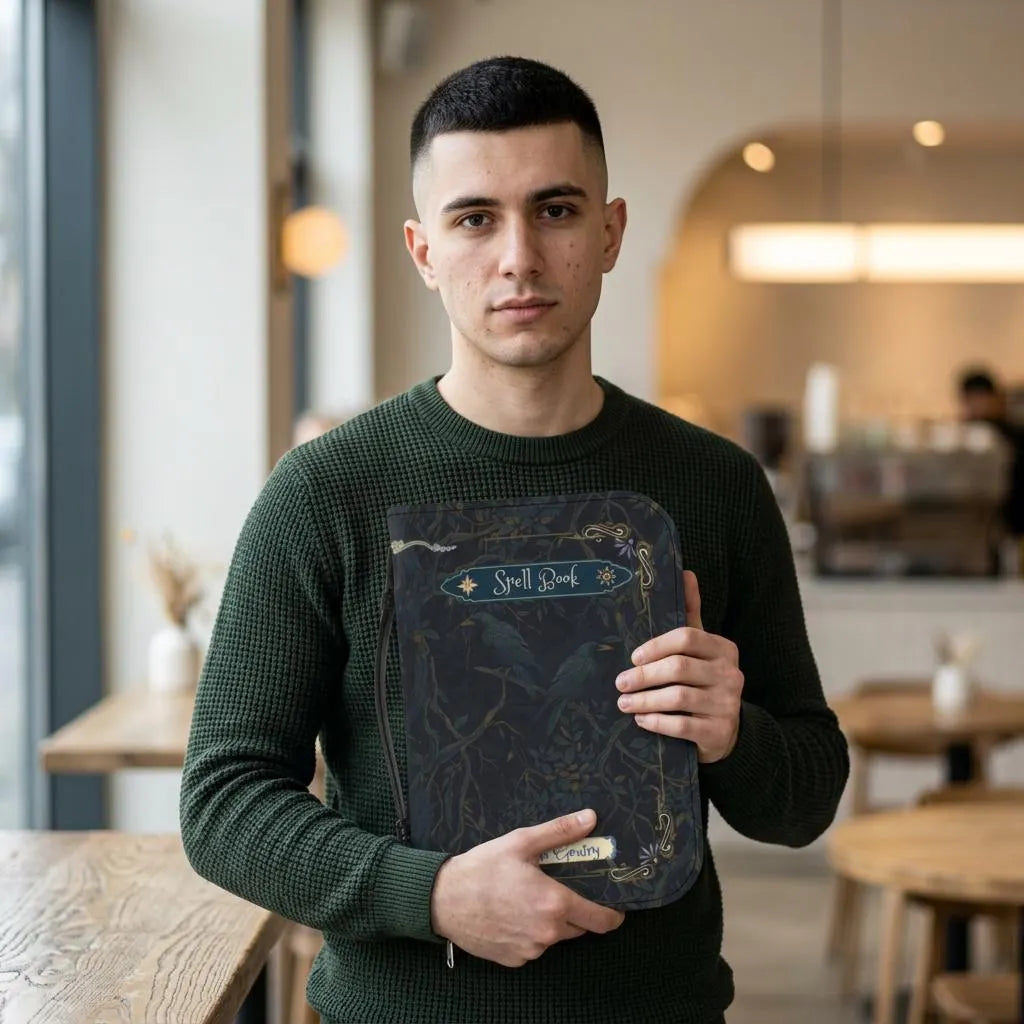 Man holding a book titled 'Spell Book' in a restaurant setting