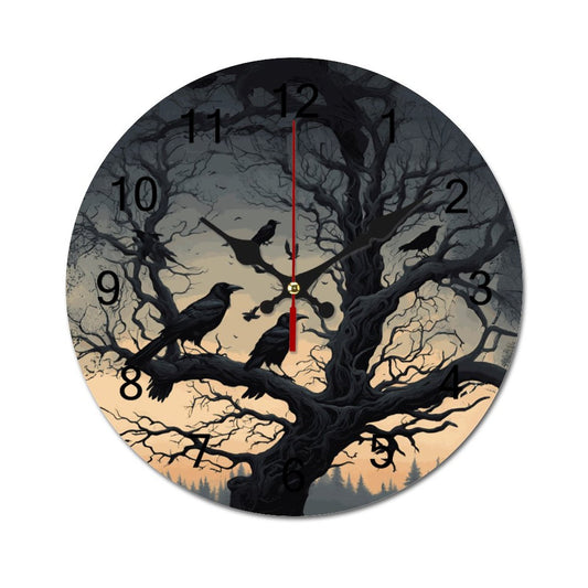 A wall clock featuring a dark design with crows perched on a tree, with a black background and red hands.