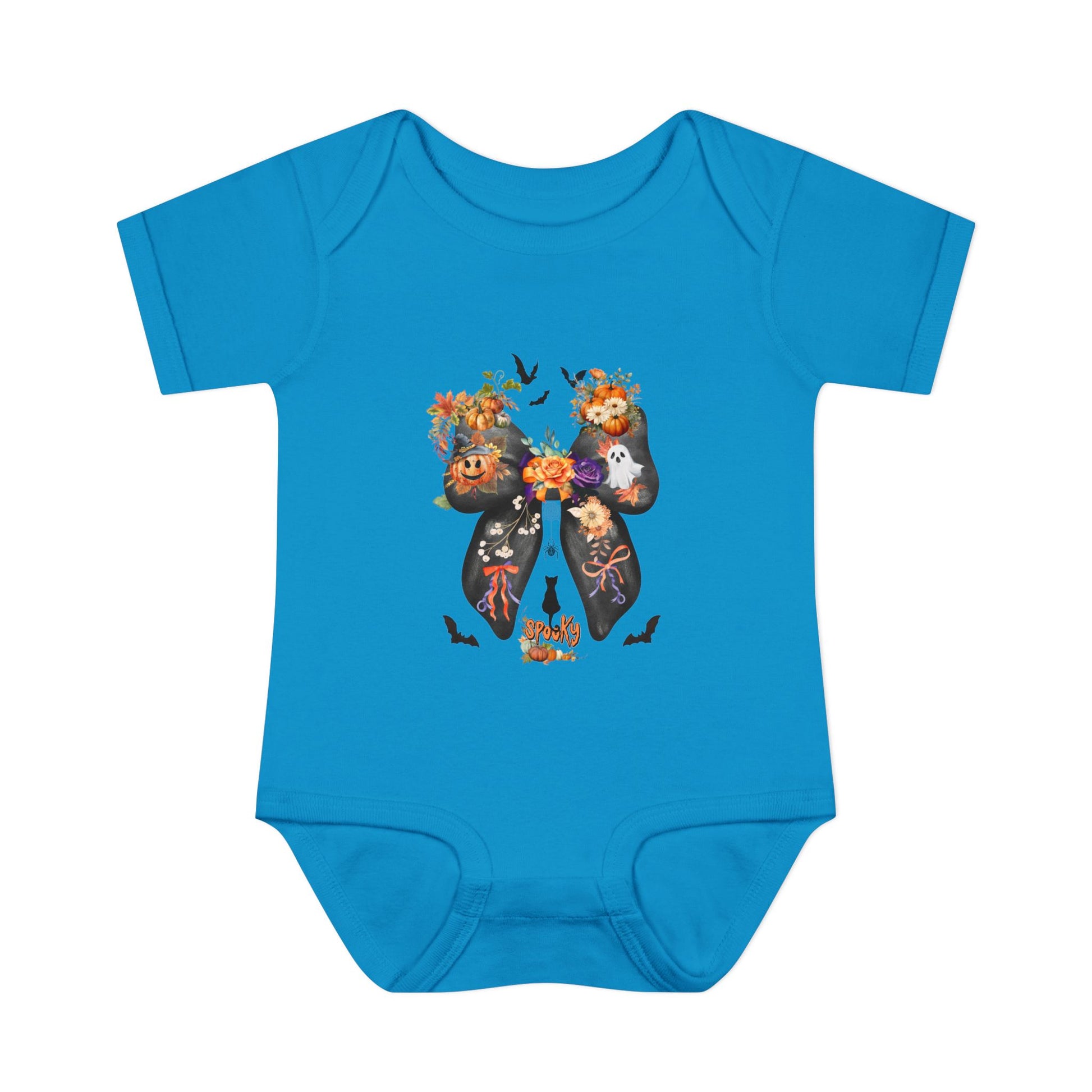 Blue baby onesie with a colorful halloween design on a white background