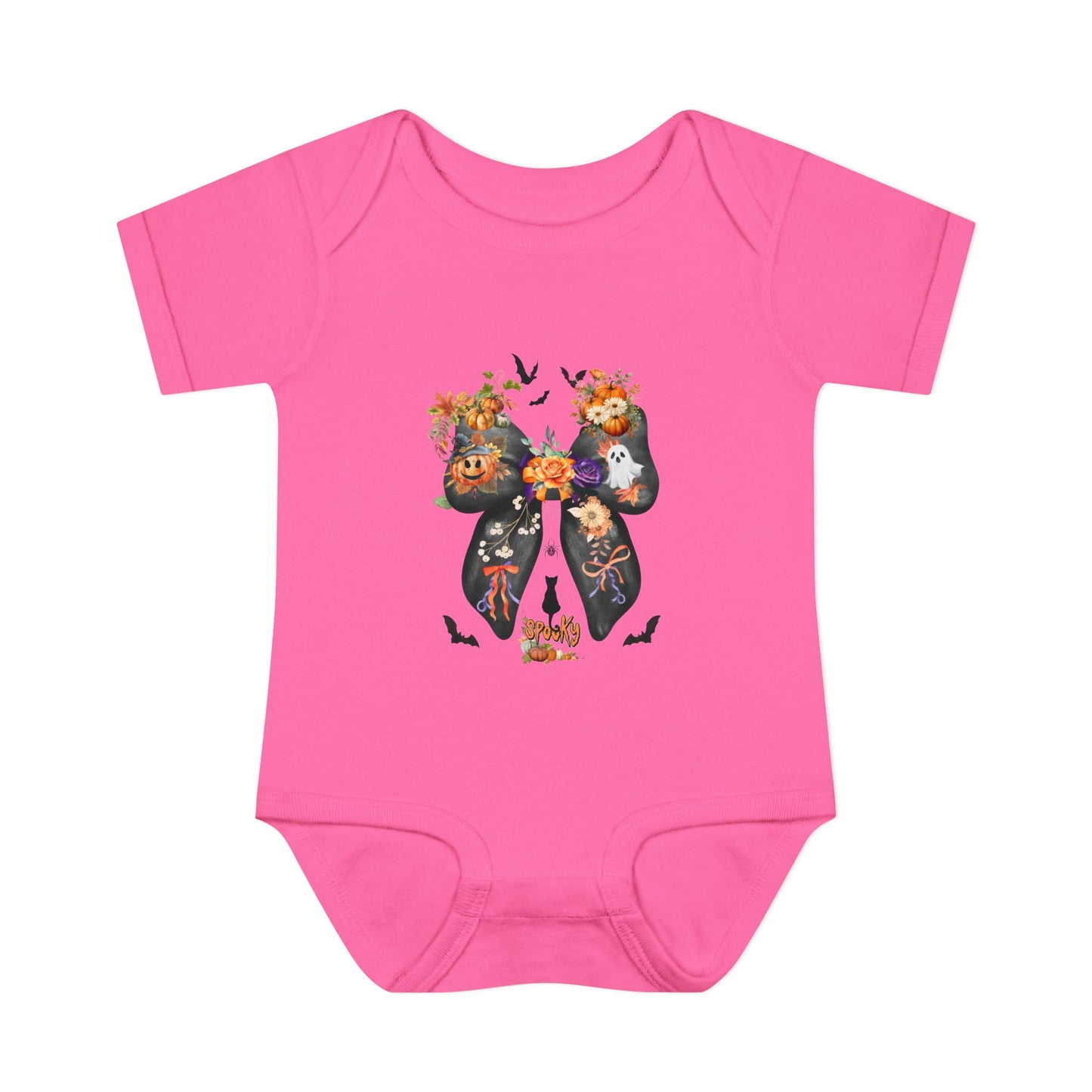 Pink baby onesie with a colorful Halloween design on a white background