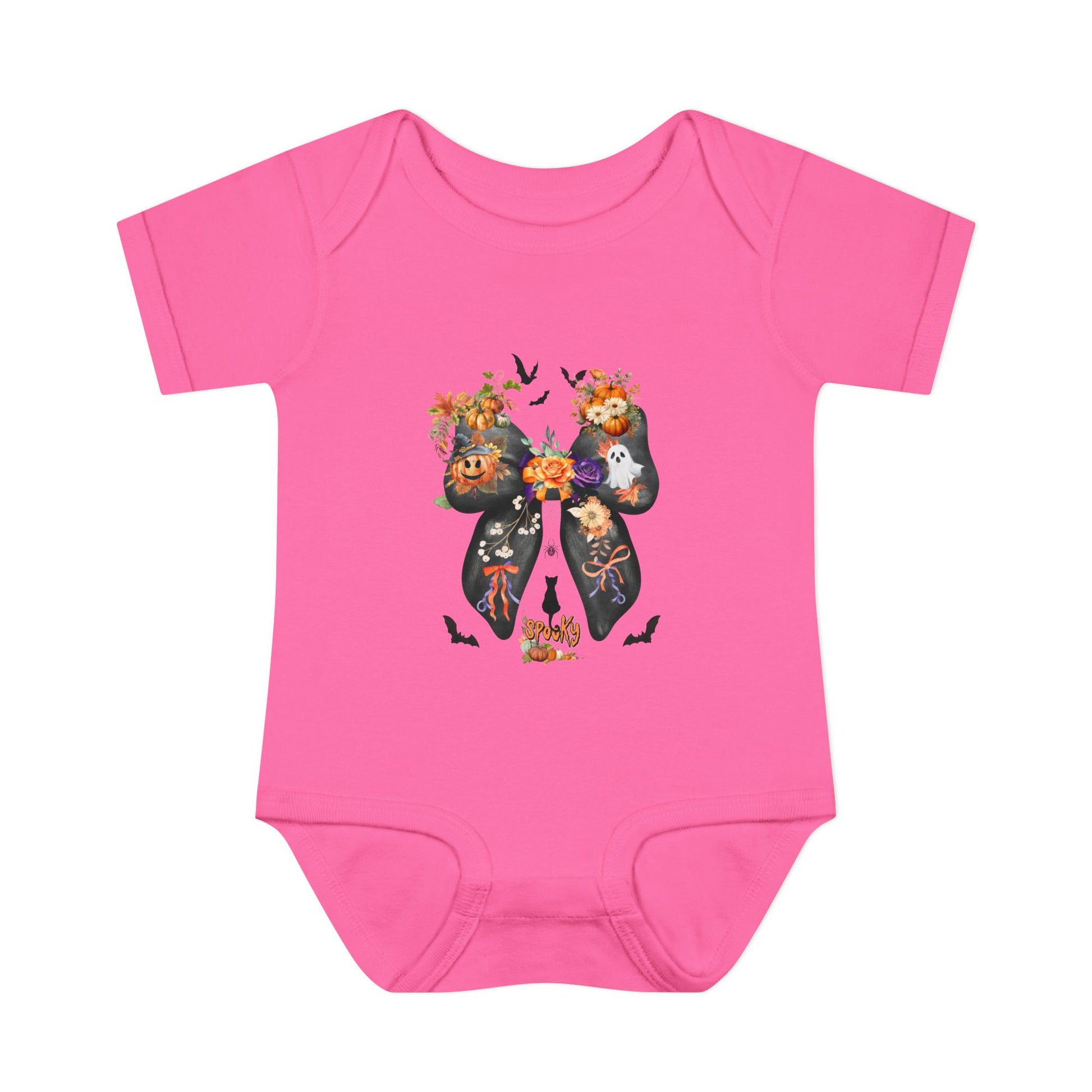 Pink baby onesie with a colorful Halloween design on a white background