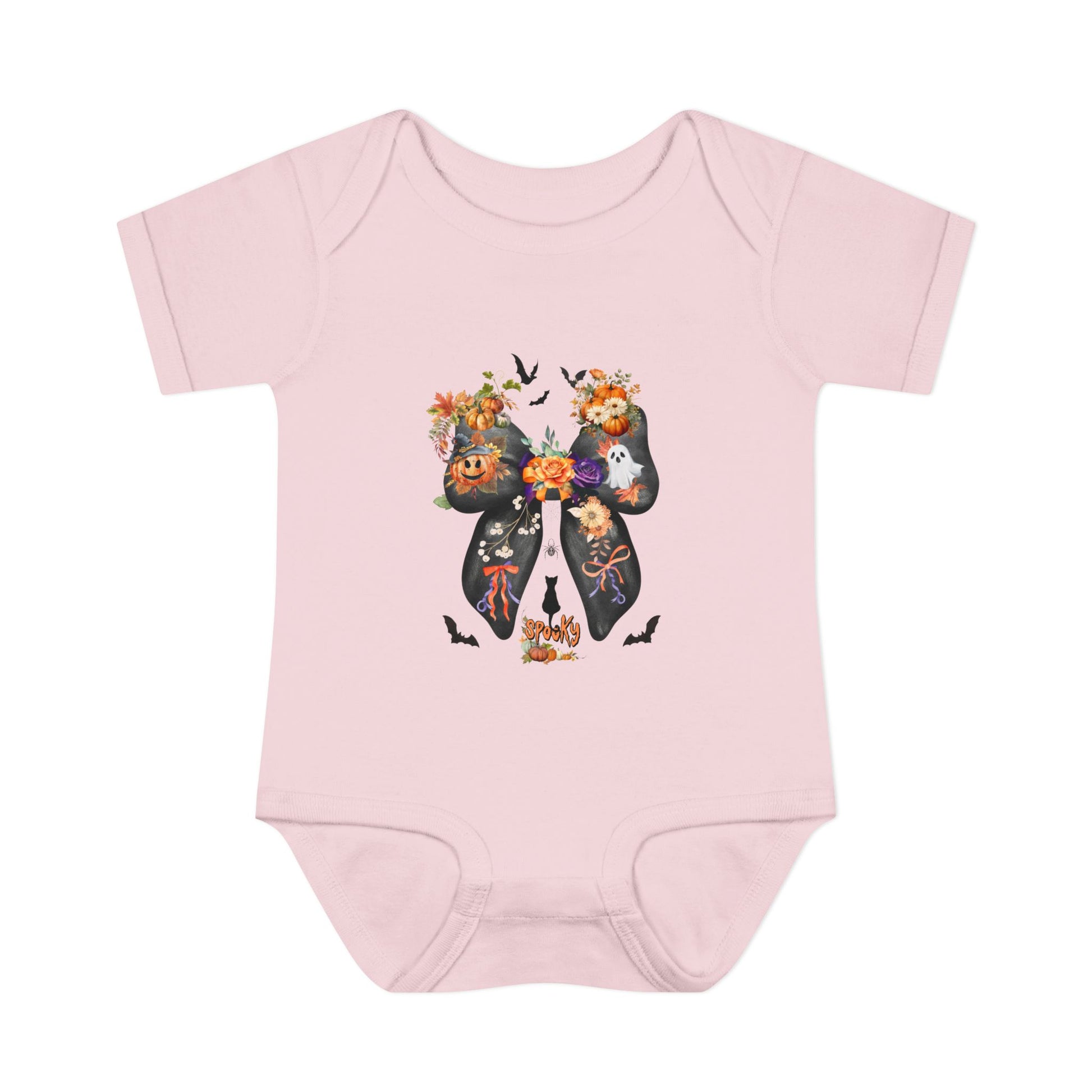 Pink baby onesie with Halloween-themed design on a white background