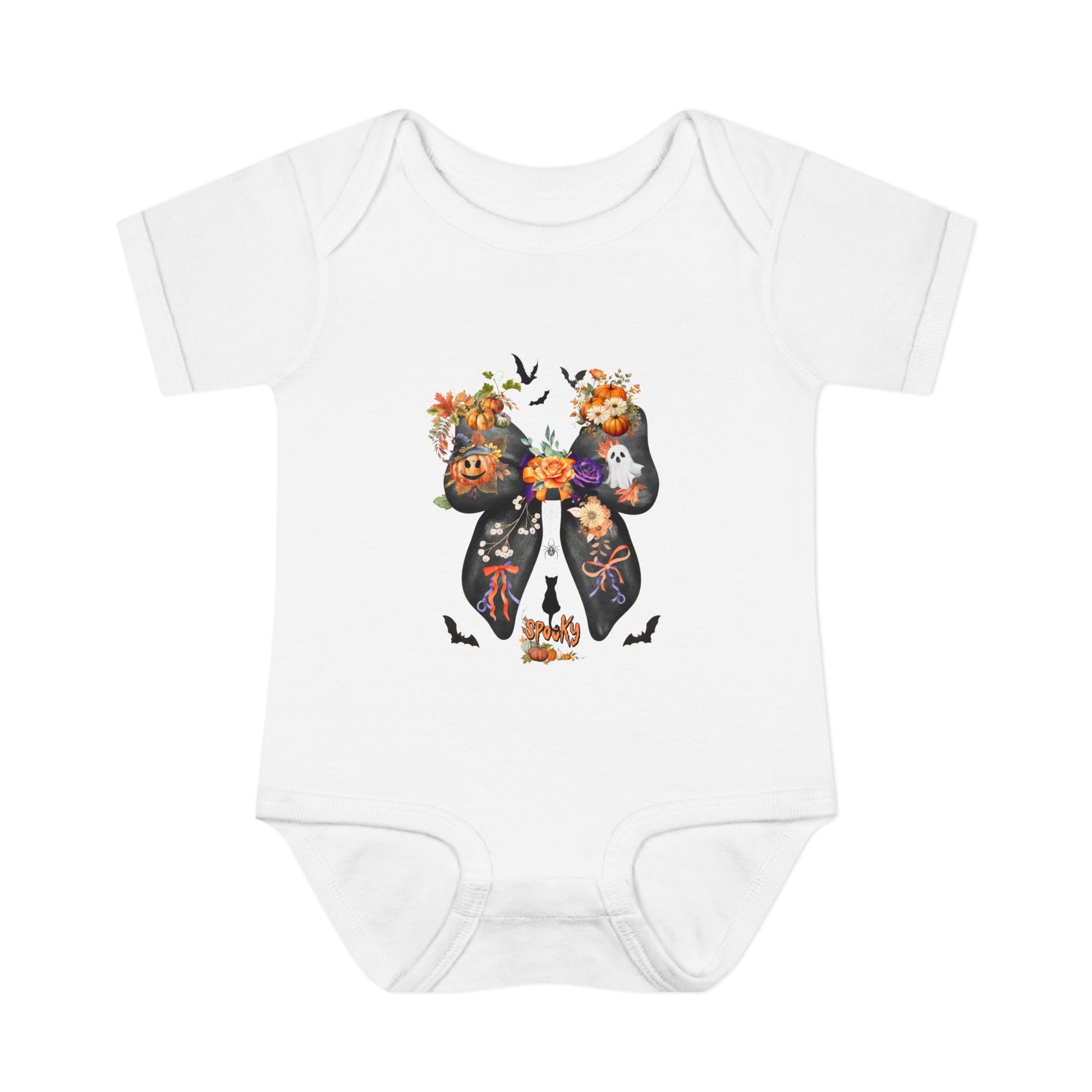 White baby onesie with Halloween-themed design on a white background