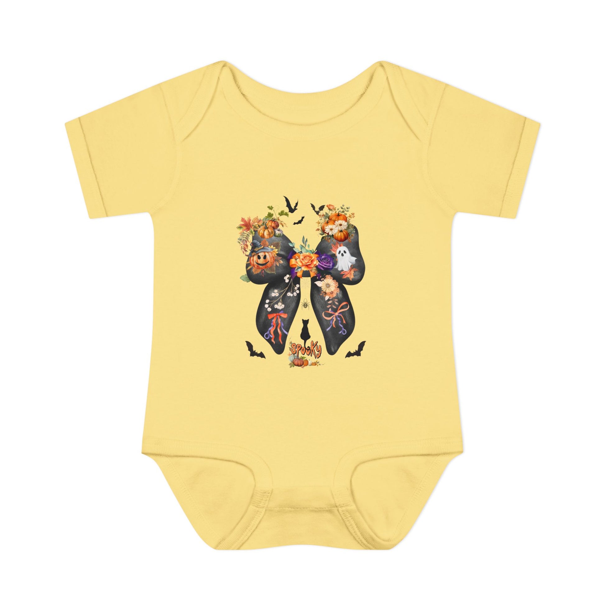 Yellow baby onesie with Halloween-themed design on a white background