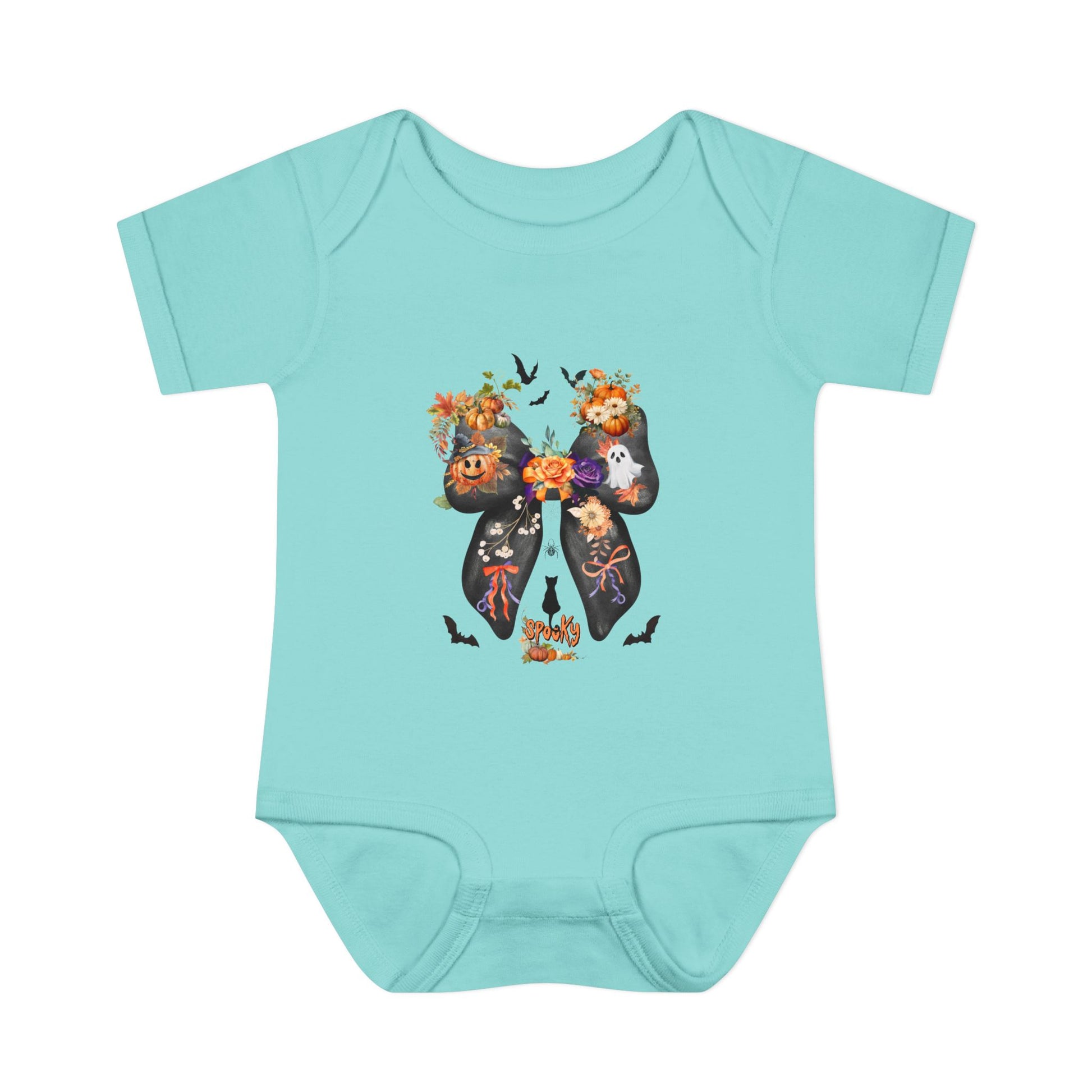 Light blue baby onesie with Halloween-themed design on a white background
