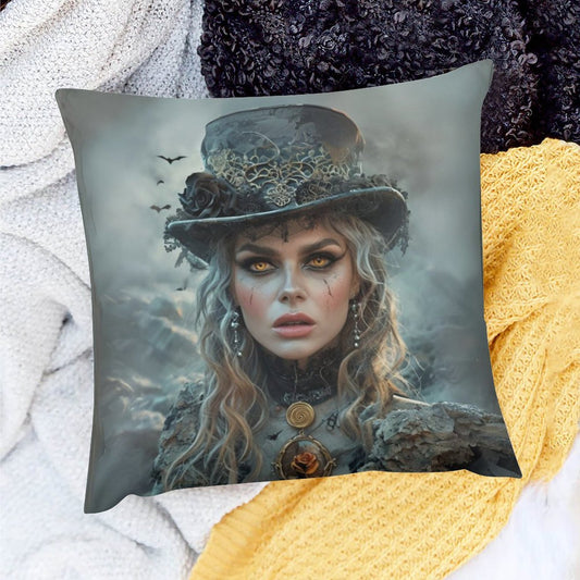 Decorative pillow with a gothic-themed design featuring a woman in a hat and intricate clothing.
