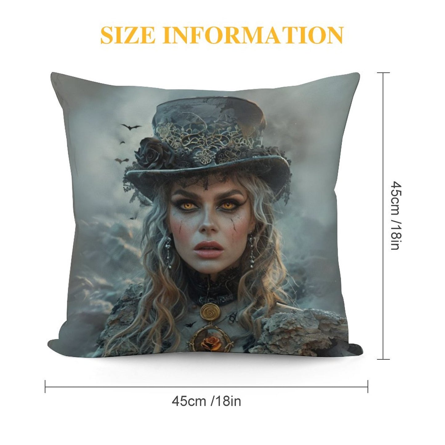 Decorative pillow with a woman's face in a top hat and lace, with size information displayed.