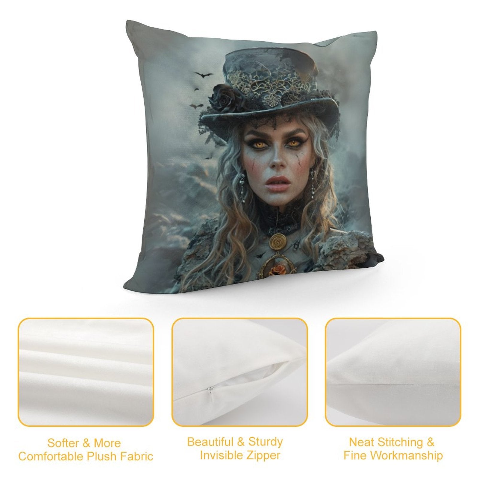 Decorative pillow with a design of a woman in a top hat on a white background