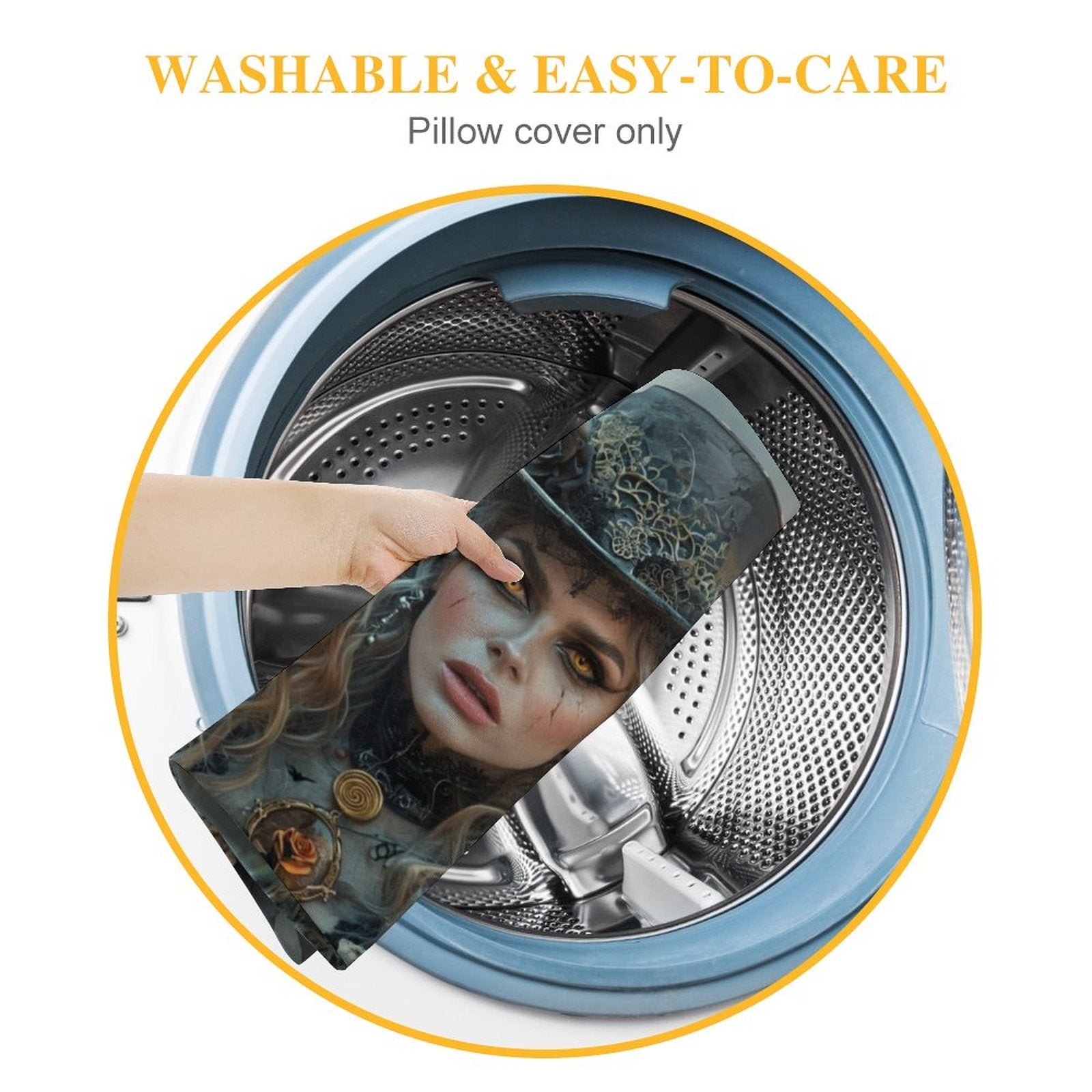 Pillow cover being placed into a washing machine with text 'Washable & Easy-to-Care' and 'Pillow cover only'.