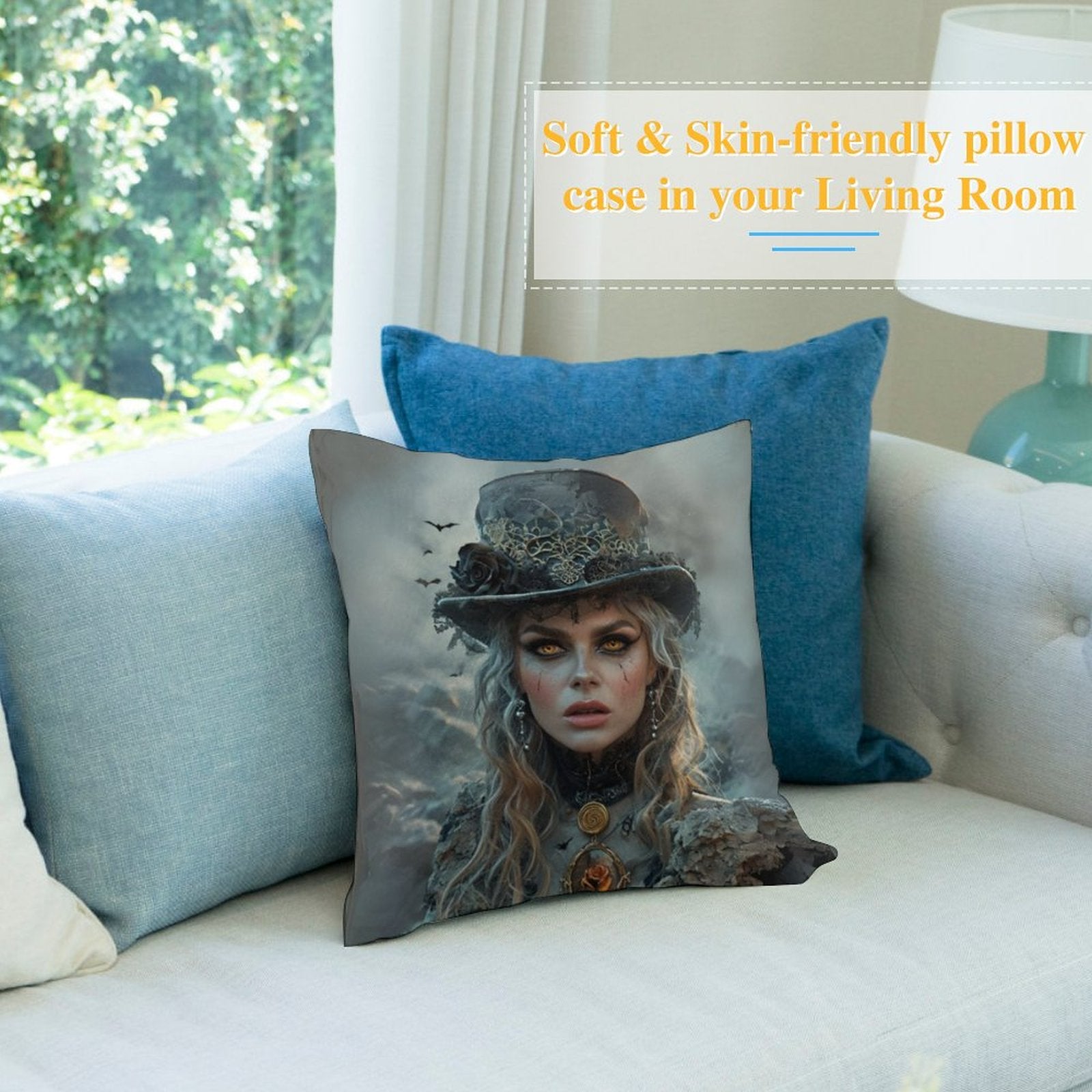 Decorative pillow with a woman's face on a couch in a living room setting
