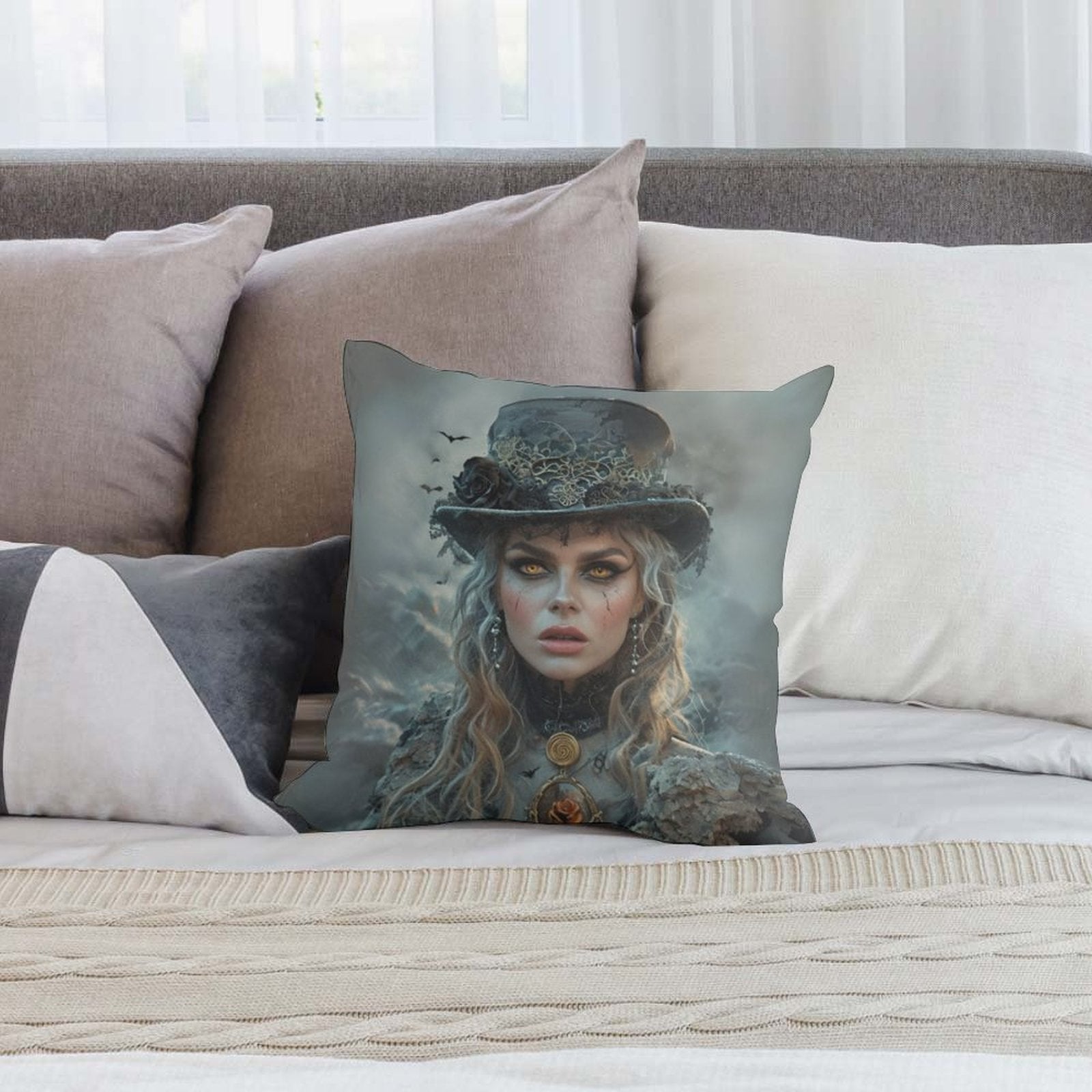 Decorative pillow with a woman's face on a couch