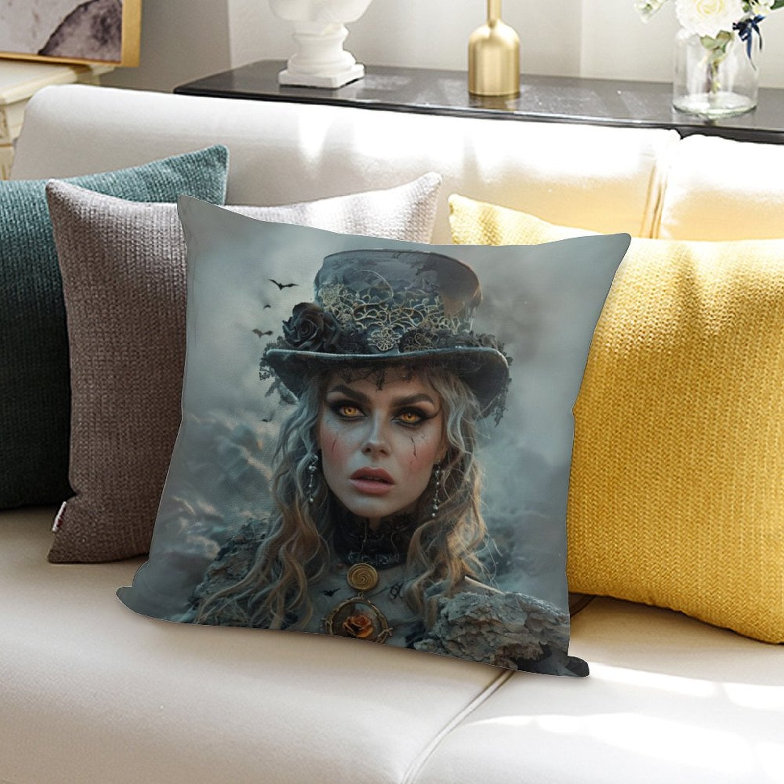 Decorative pillow with a woman's face on a couch