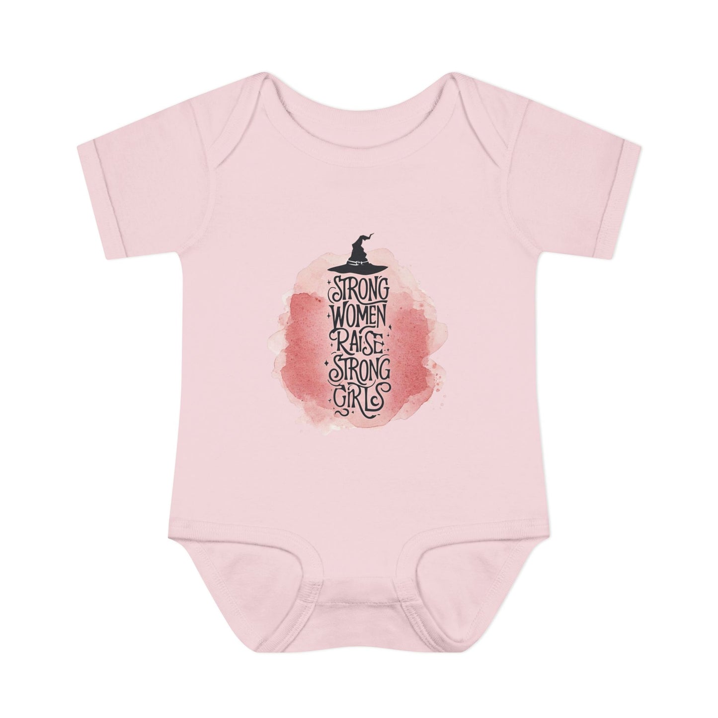 Pink baby onesie with a graphic and text on a white background