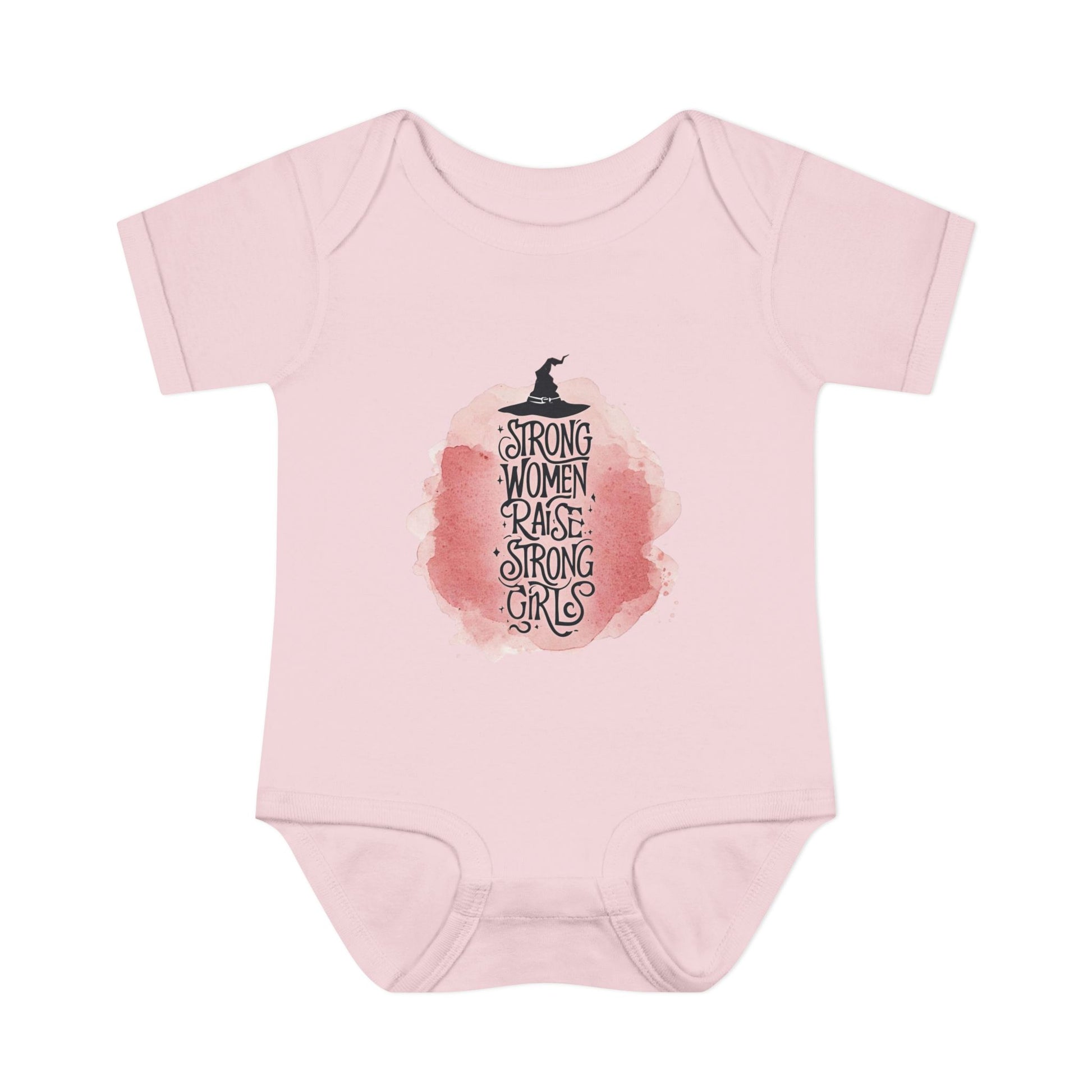 Pink baby onesie with a graphic and text on a white background