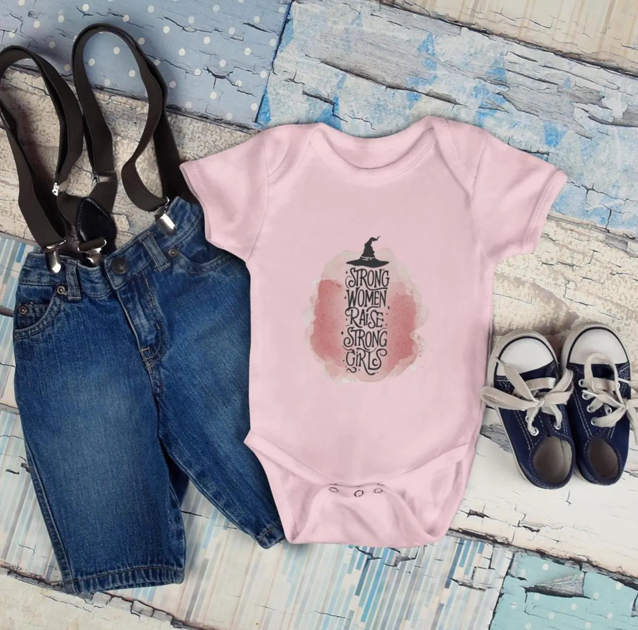 Strong Woman Raise Strong Girls Infant Bodysuit: Witchy Feminist Baby Tee