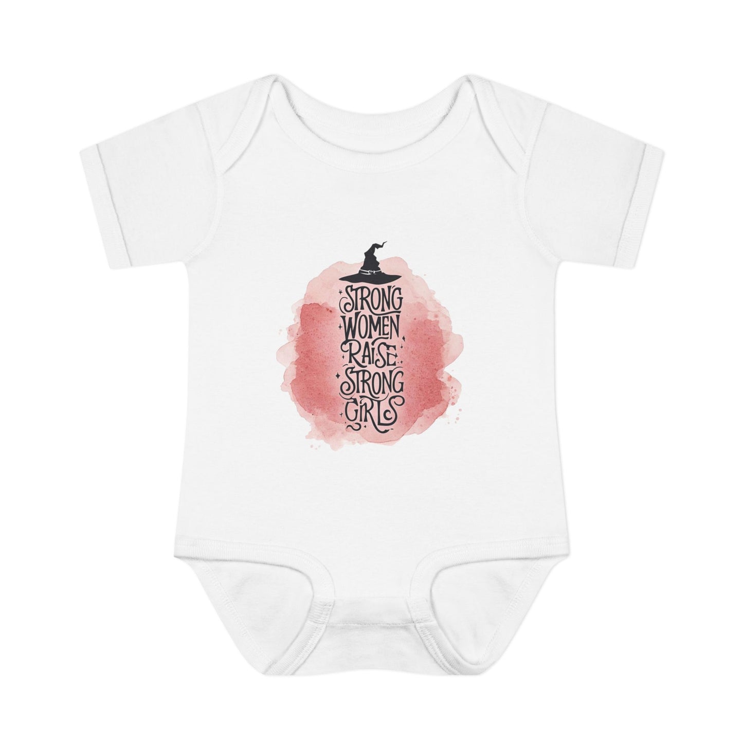 White baby onesie with pink watercolor design and text on a white background