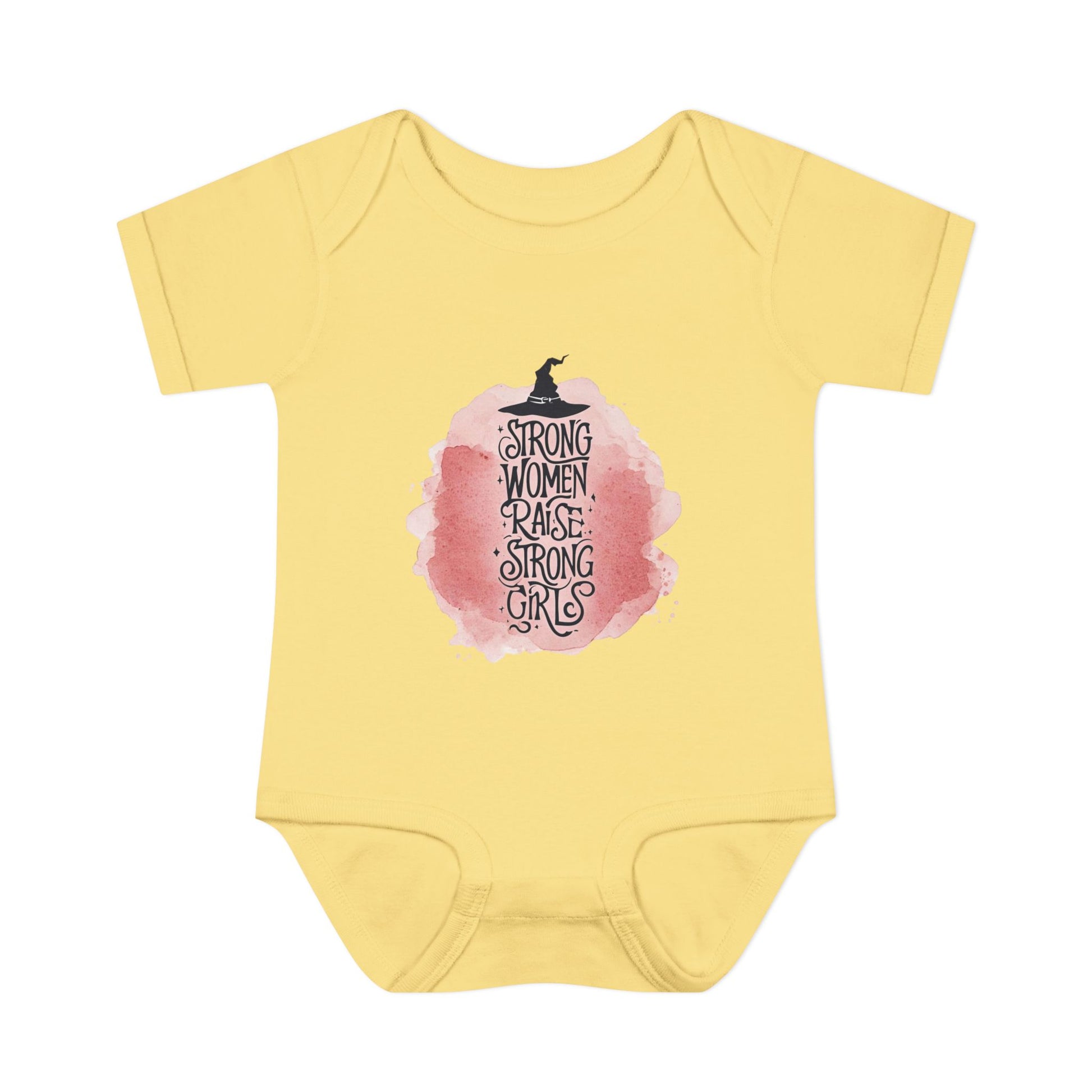 Yellow baby onesie with a graphic design and text on a white background