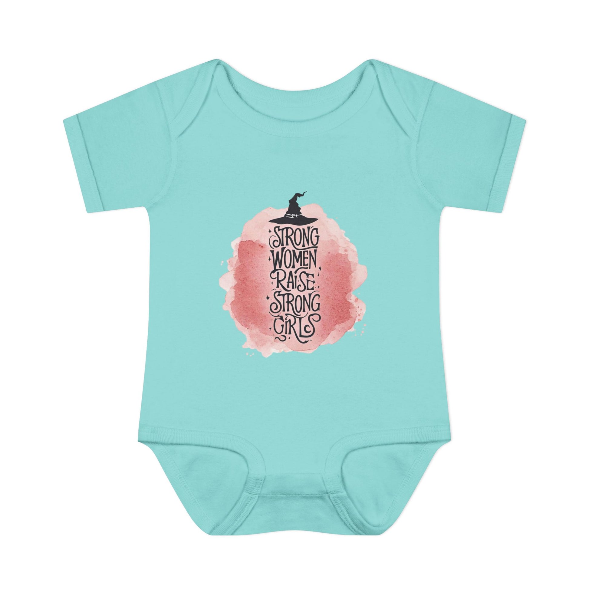Mint green baby onesie with pink graphic and text on a white background
