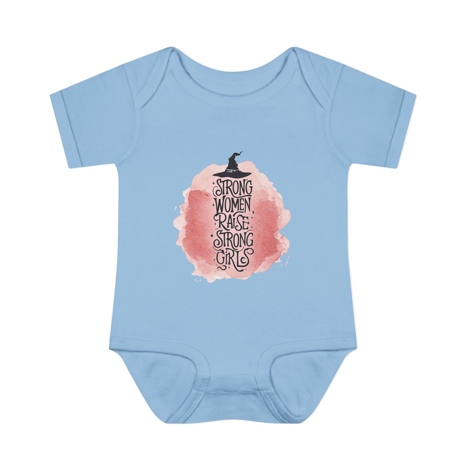 Light blue baby onesie with a graphic design and text on a white background