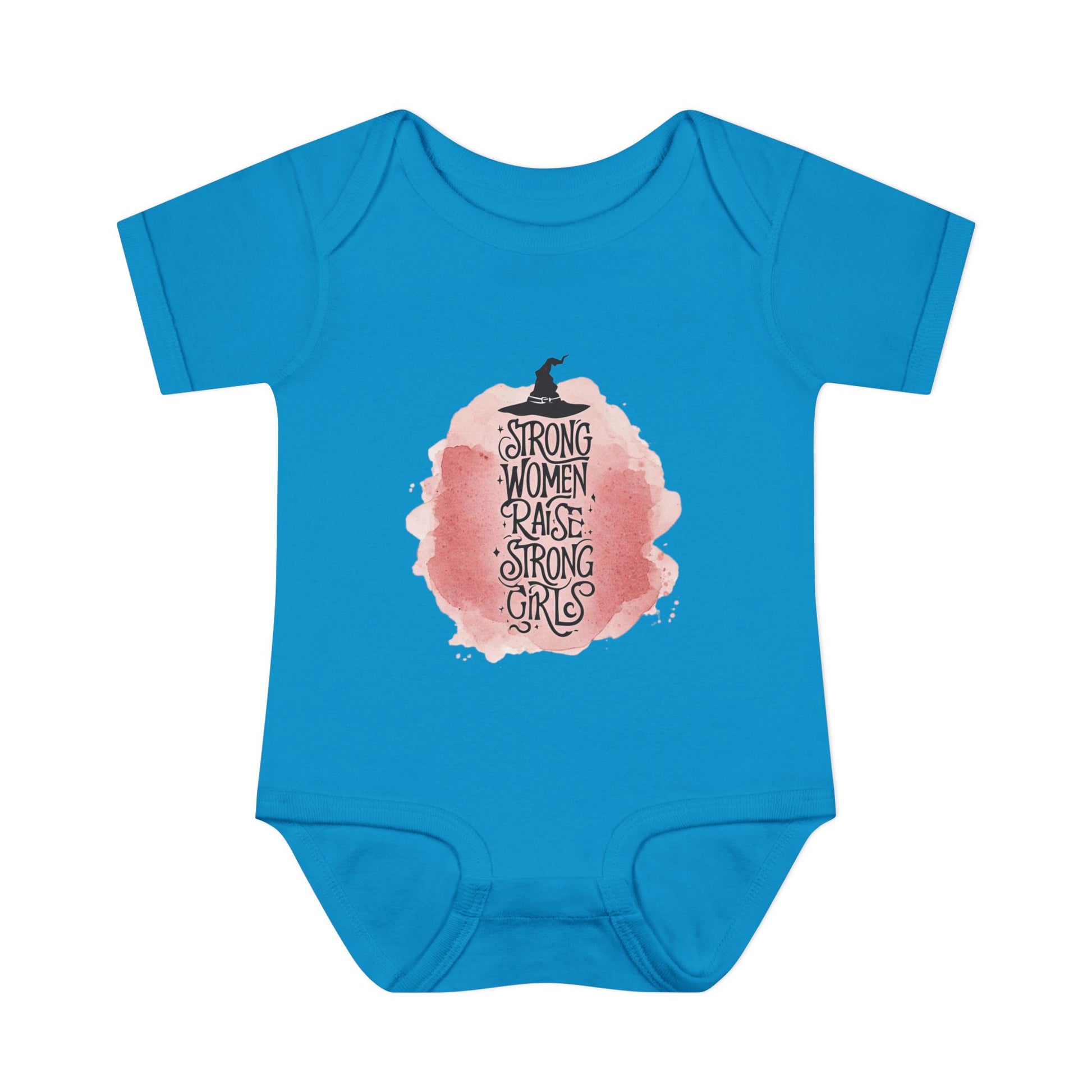 Blue baby onesie with a pink graphic and text on a white background